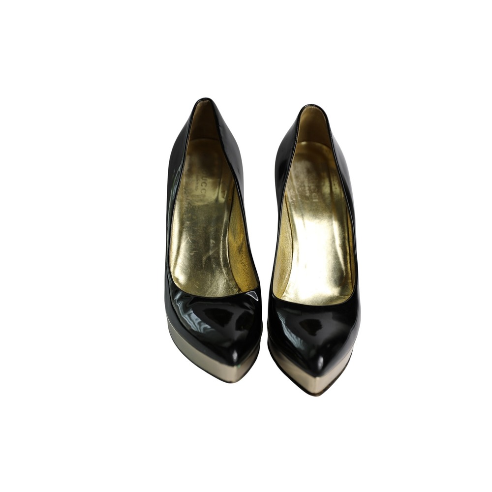 Gucci Black Patent Leather Gold Platform Pointed Toe Stiletto Pumps‎ Size 8B